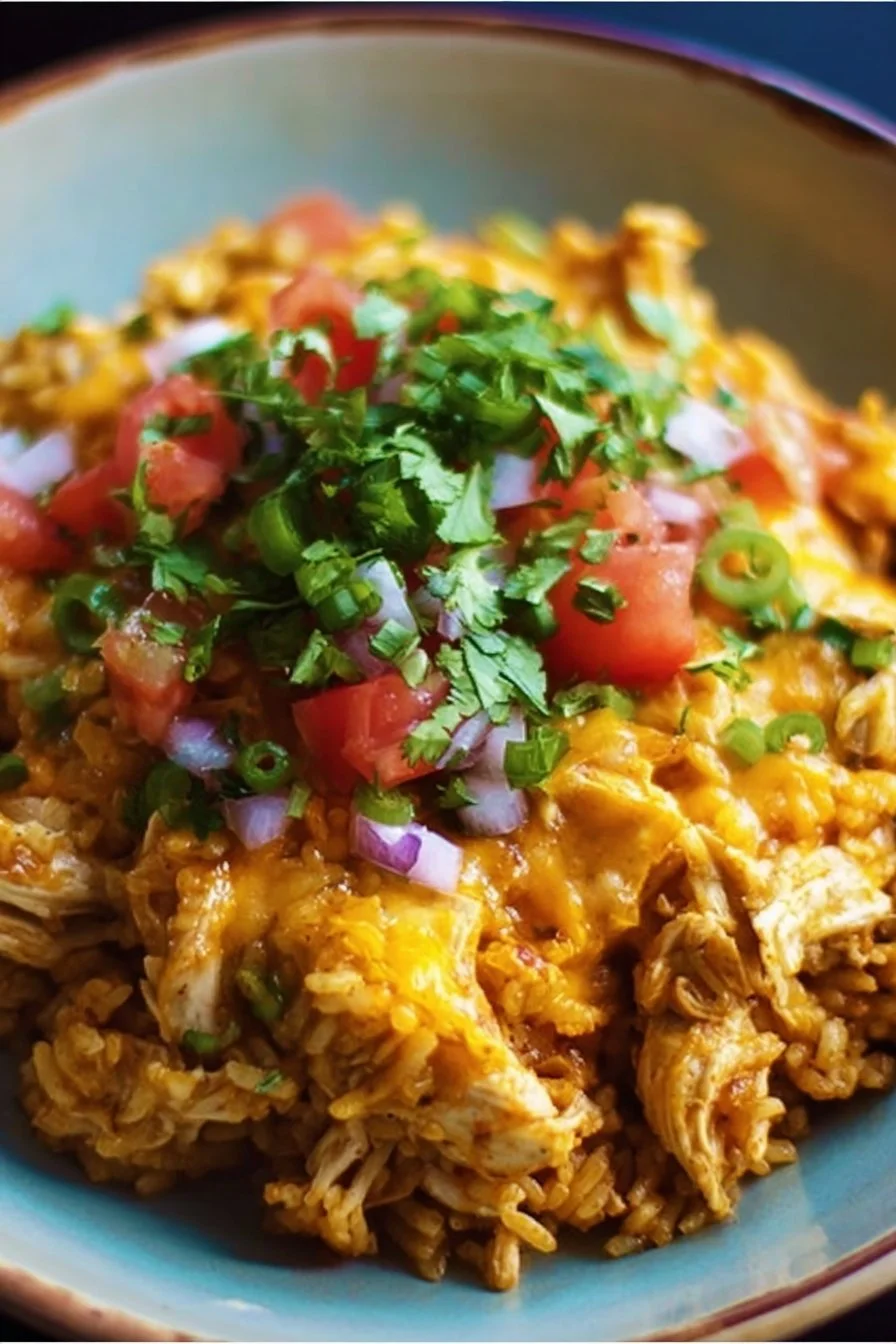 Savory cheesy chicken taco rice served in a bowl with toppings