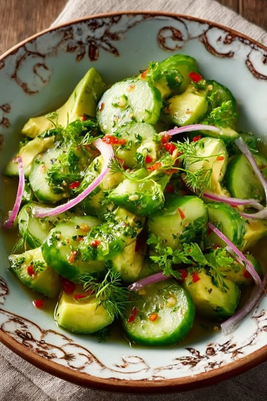 Savory cucumber-avocado salad served in a bowl with fresh ingredients