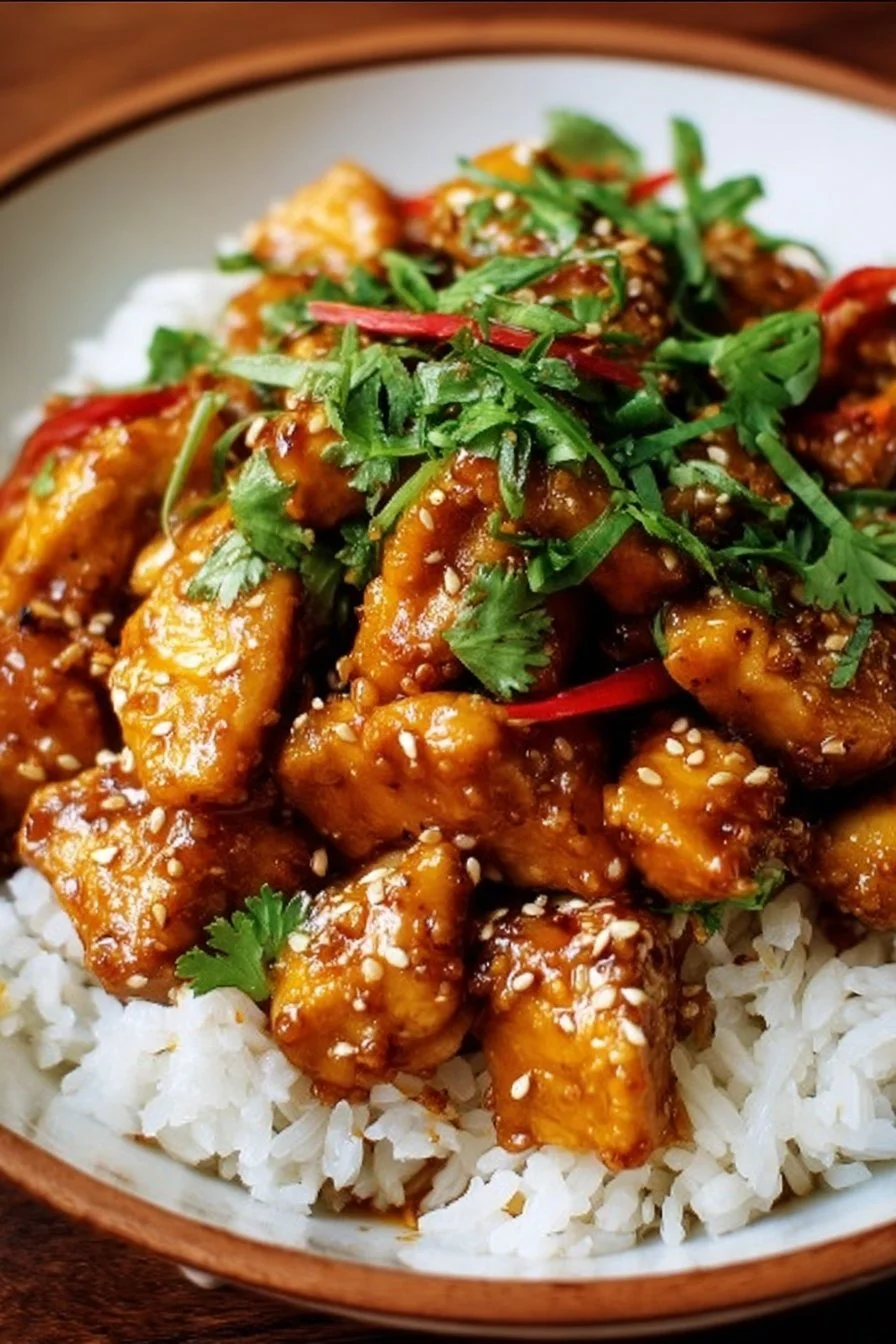 Savory Easy Chinese Peanut Butter Chicken served on a plate with vegetables
