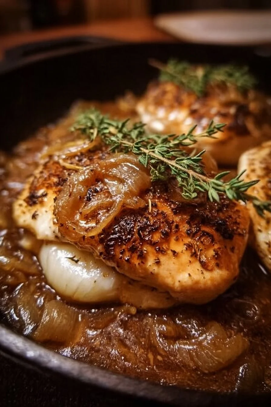 Savory French Onion Chicken topped with caramelized onions and melted cheese
