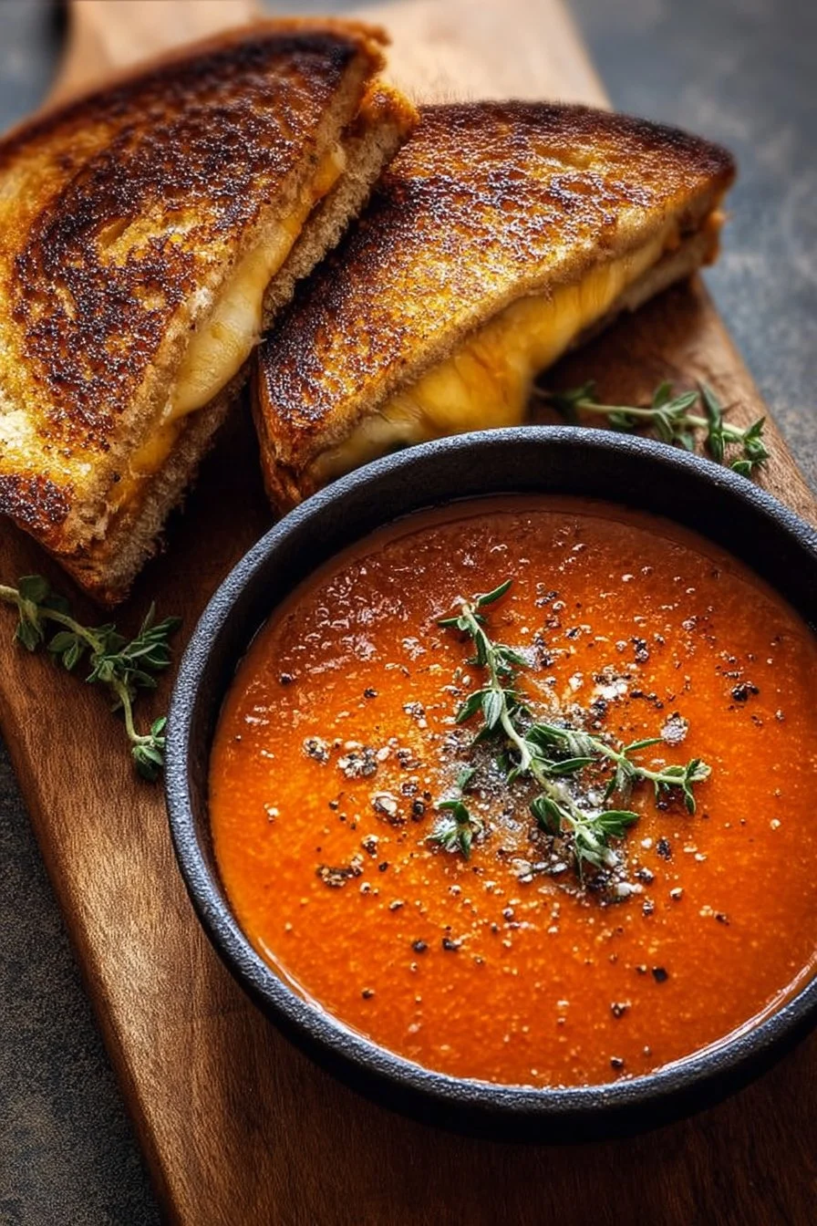 Savory grilled cheese sandwich with a side of tomato soup