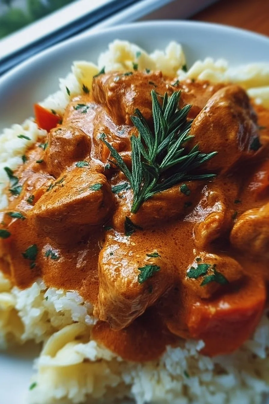 Savory Hungarian Chicken Paprikash served with creamy paprika sauce