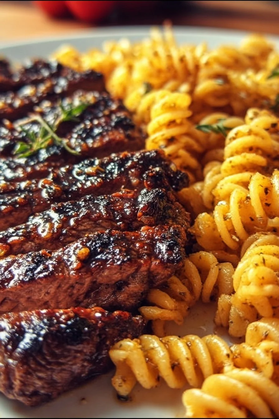 Savory honey garlic steak dish served with rotini pasta