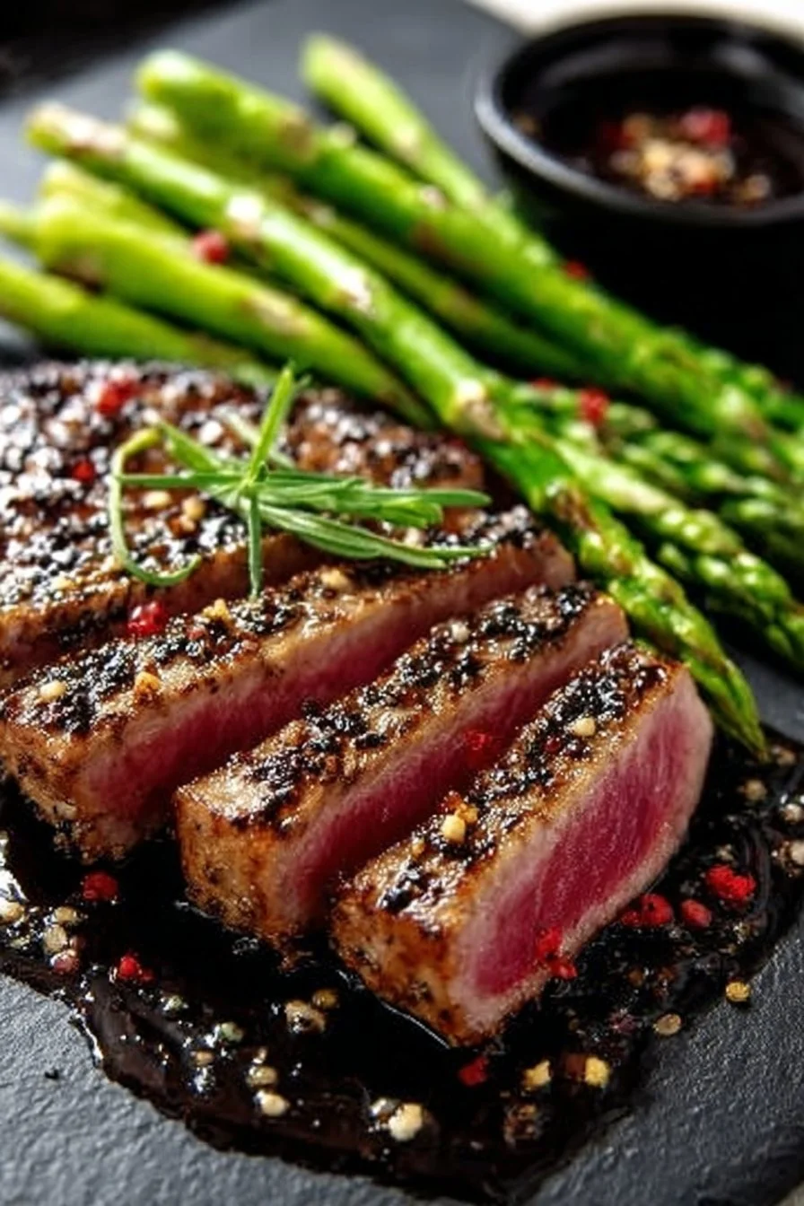 Savory tuna steak served with asparagus on a plate