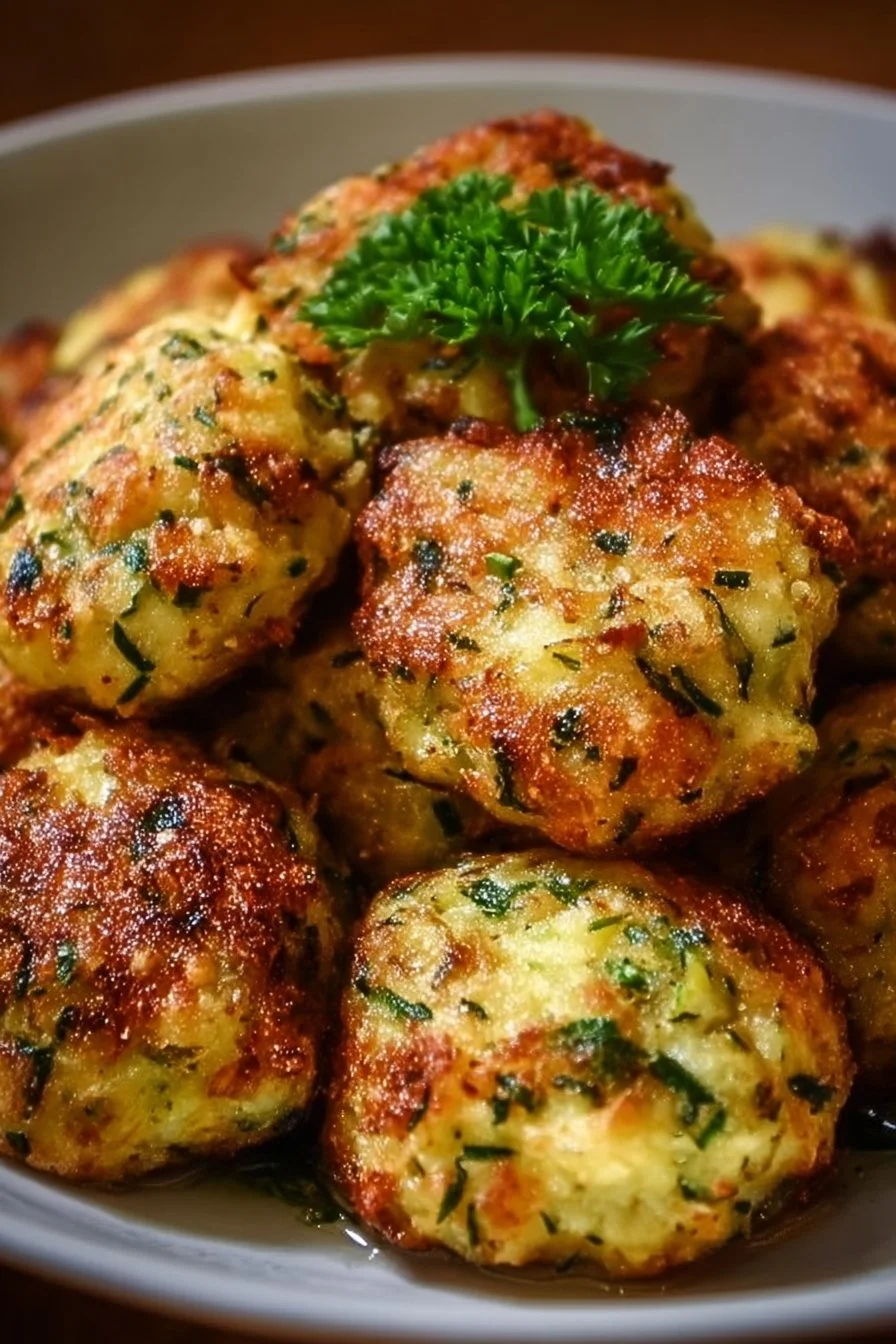 Savory zucchini garlic bites served on a plate, garnished with herbs.