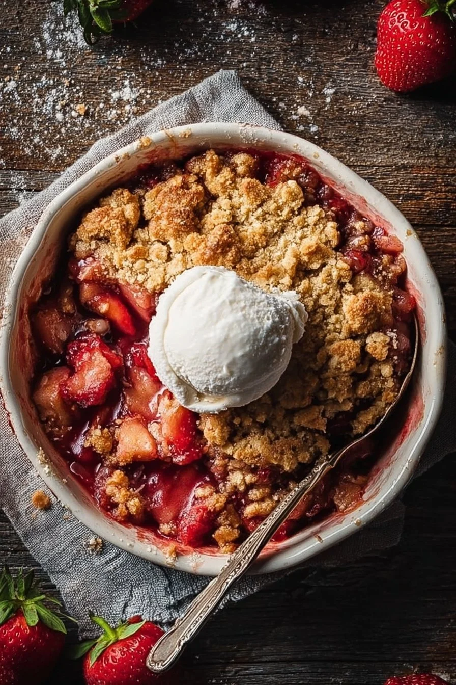 Delicious strawberry rhubarb crisp with a crunchy topping and fresh fruit filling