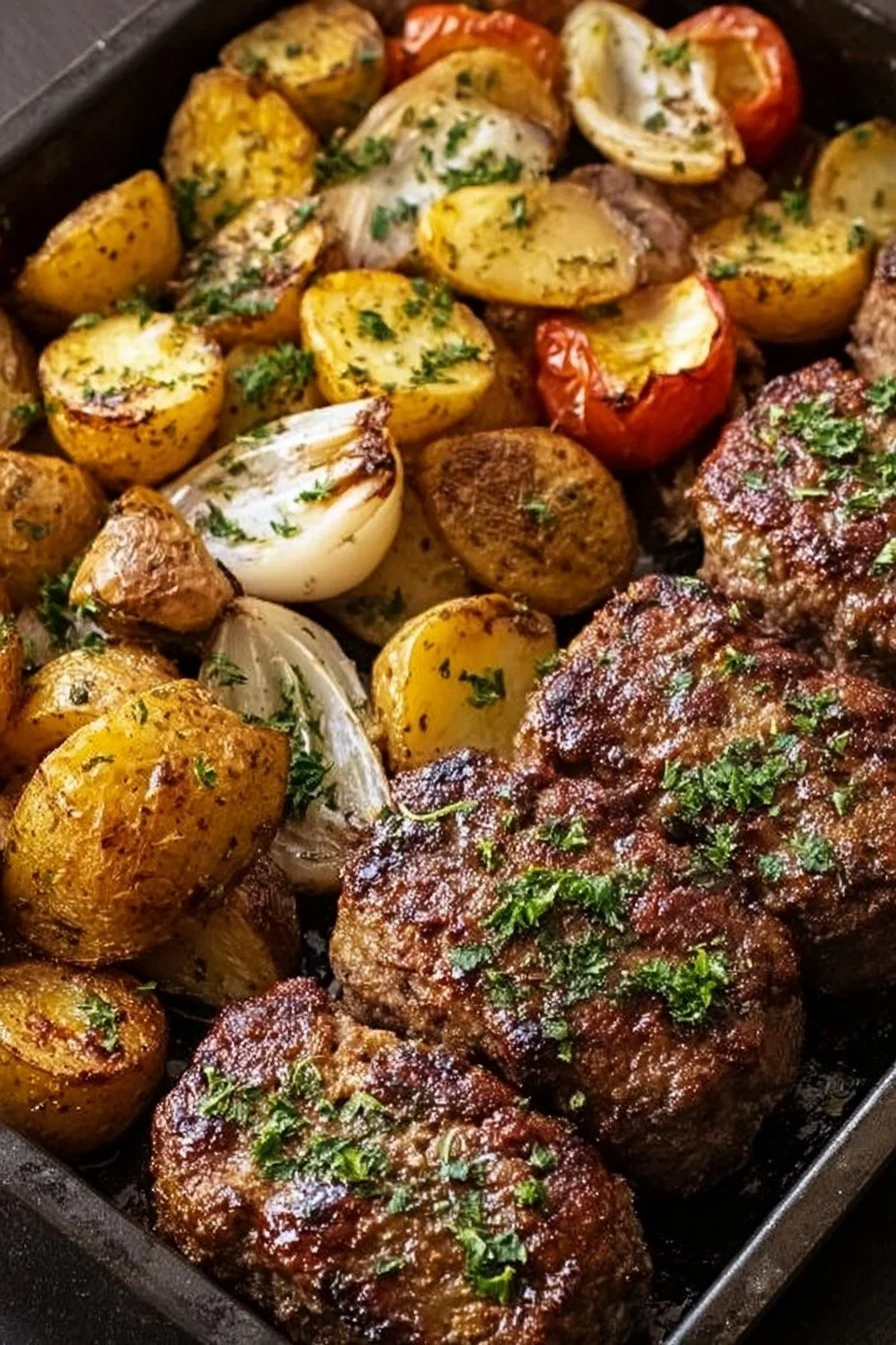 Sheet pan mini meatloaf served with roasted potatoes, perfect for dinner.
