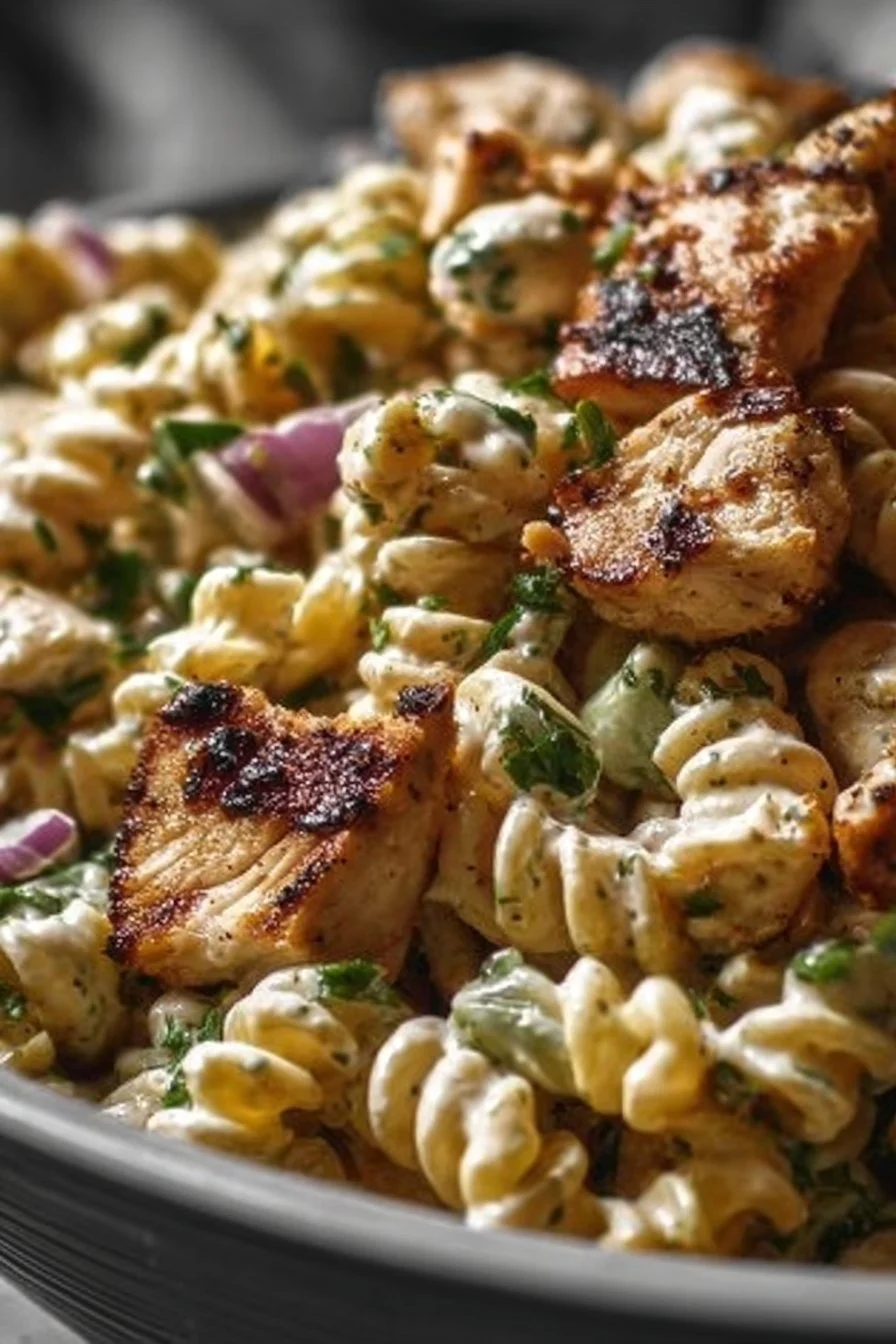 Sizzling BBQ Chicken Ranch Pasta Salad served in a bowl
