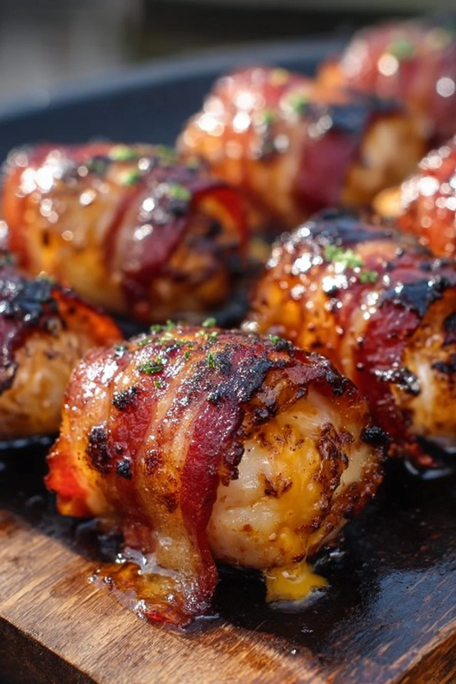 Sizzling BBQ bacon bombs stuffed with cheddar and ready to grill.