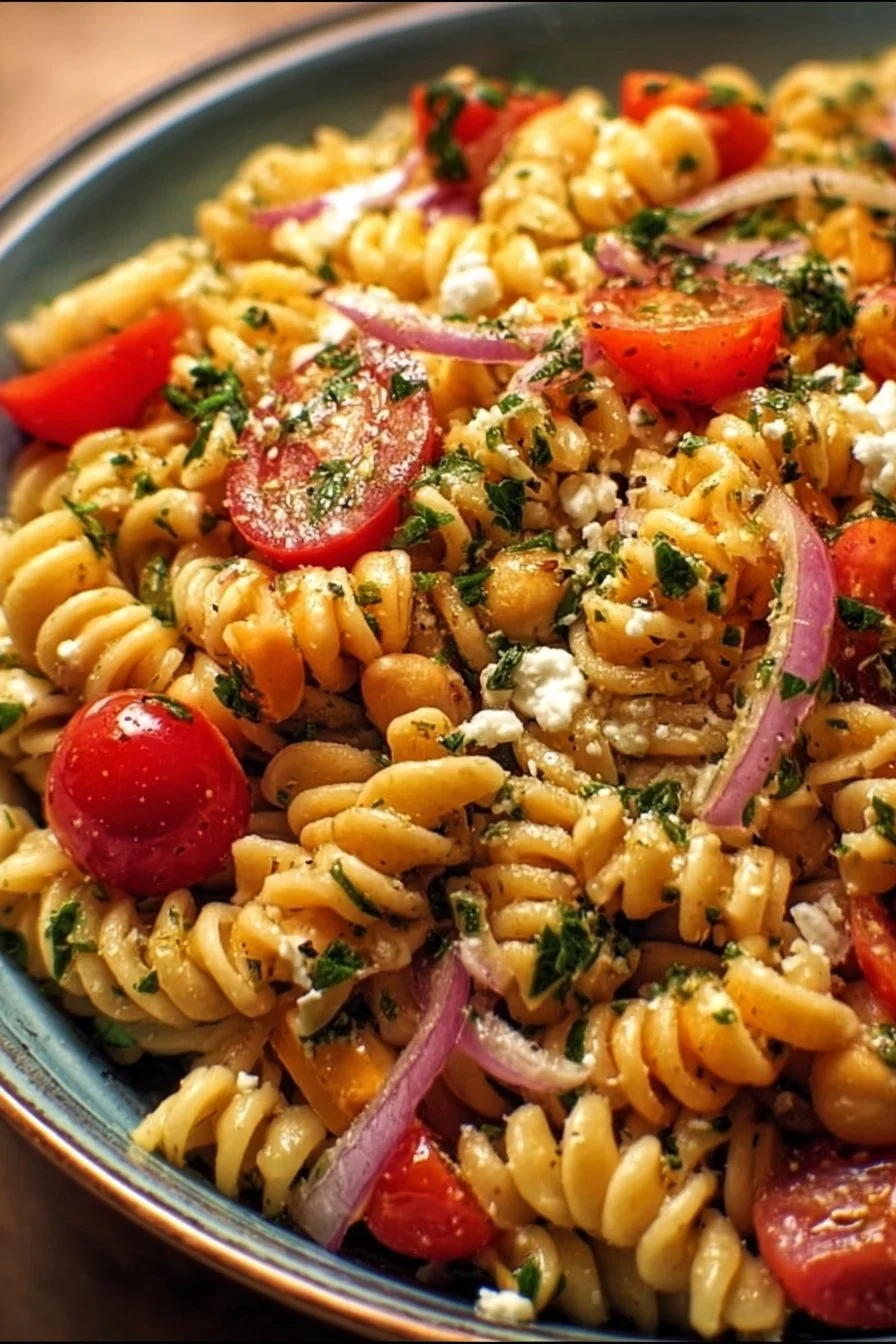 A colorful bowl of Sizzling Chickpea Pasta Salad with fresh vegetables and herbs.