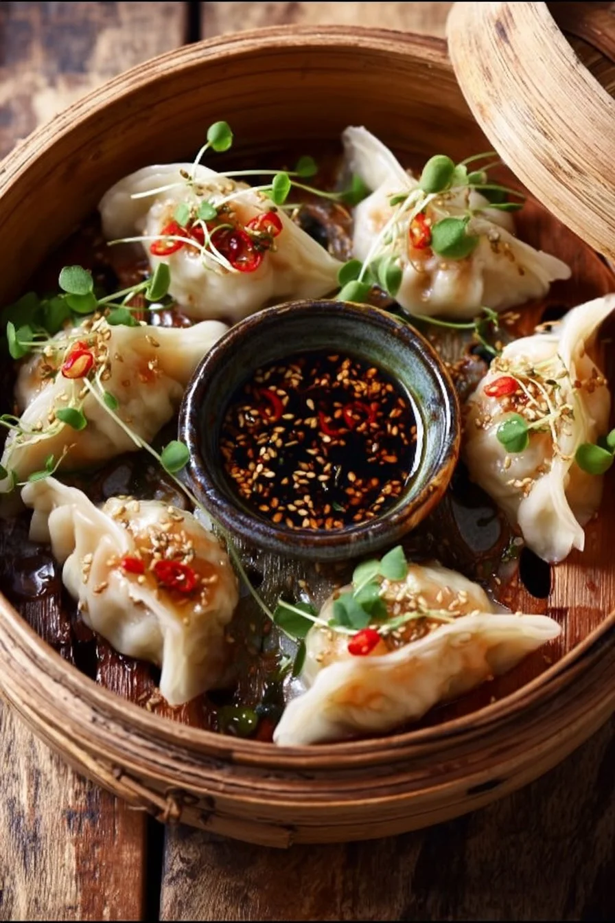 Sizzling shrimp and vegetable dumplings on a plate, garnished for presentation.