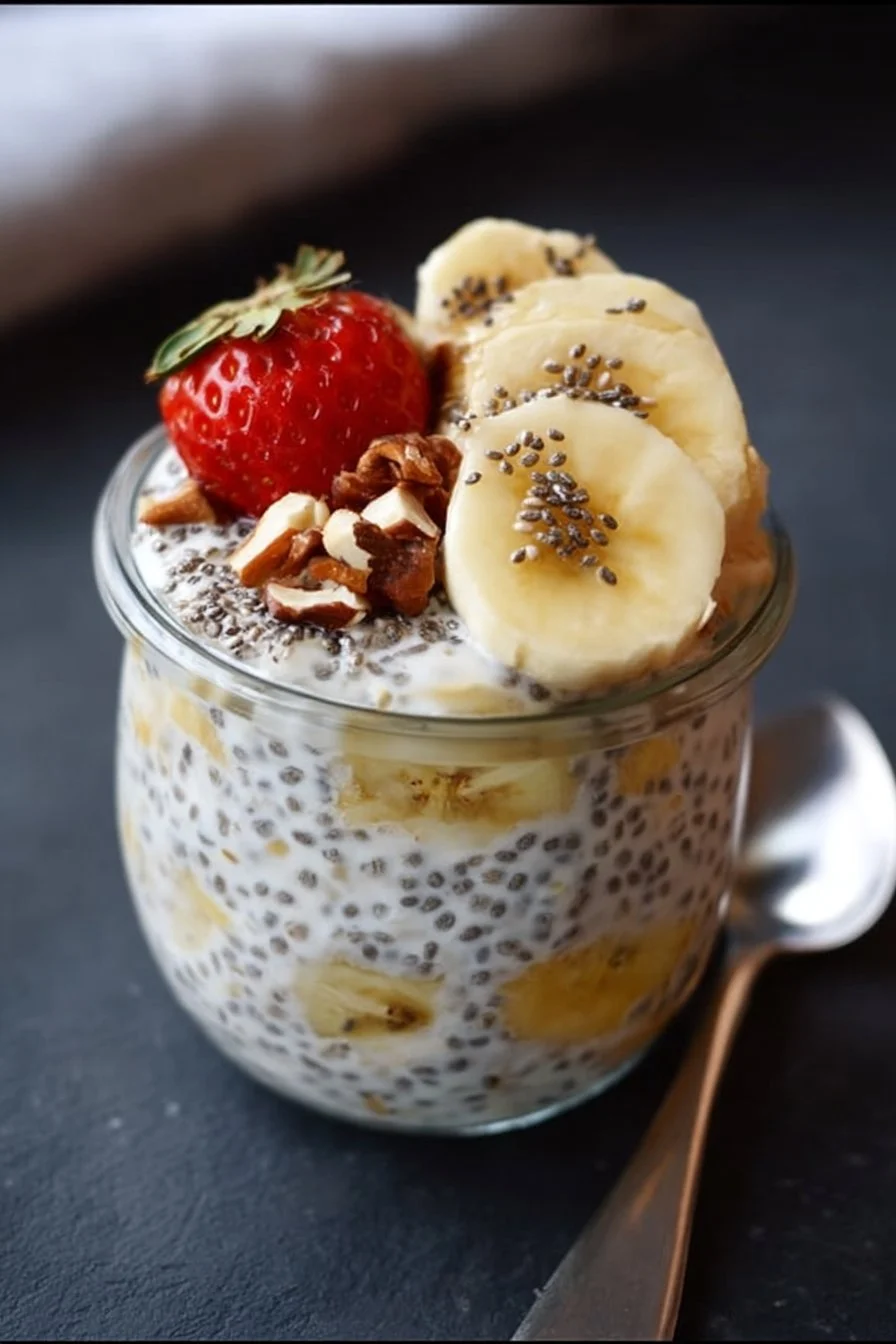 Delicious smoky banana chia overnight oats in a glass jar for potluck parties