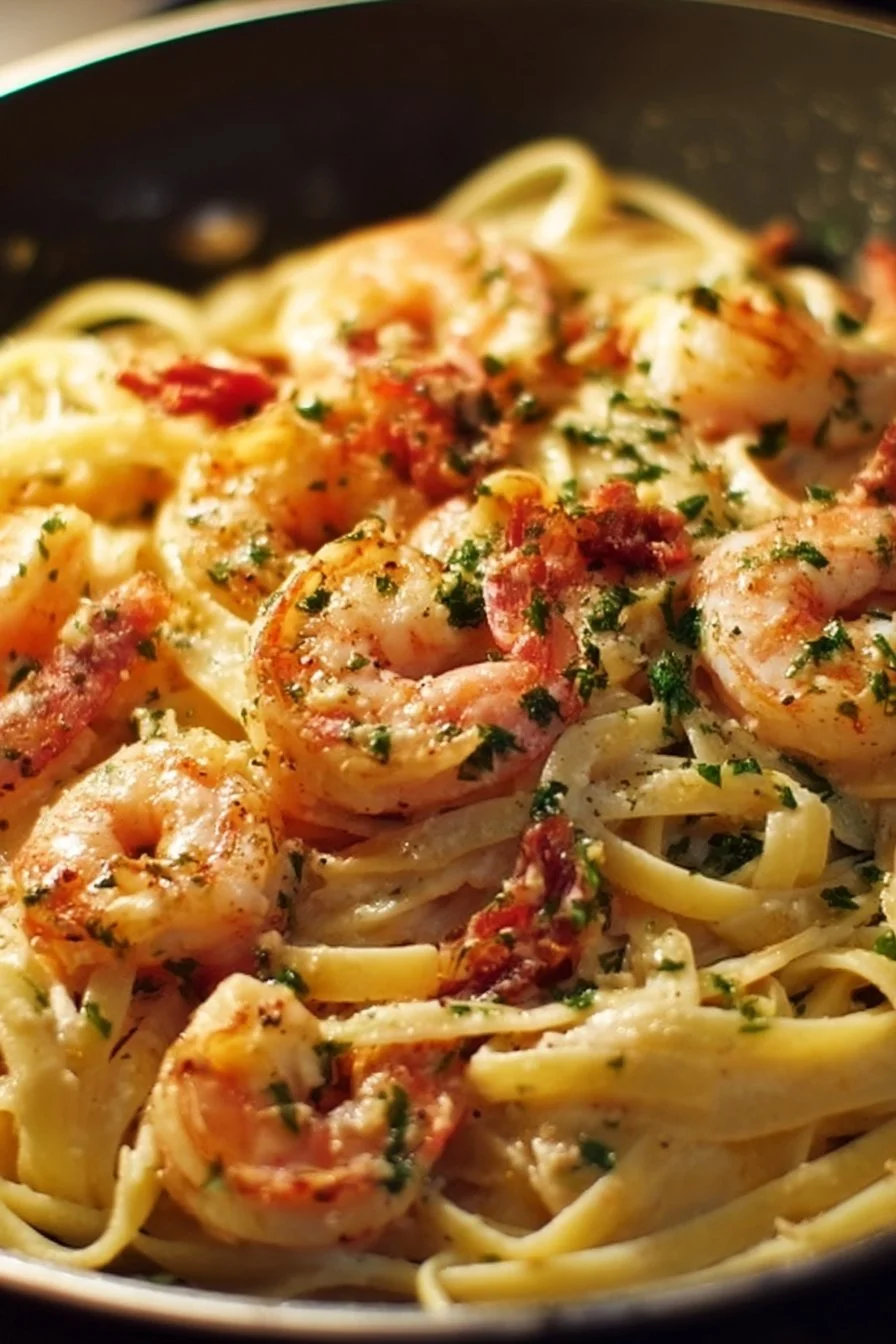 Smoky creamy shrimp pasta served with herbs and spices