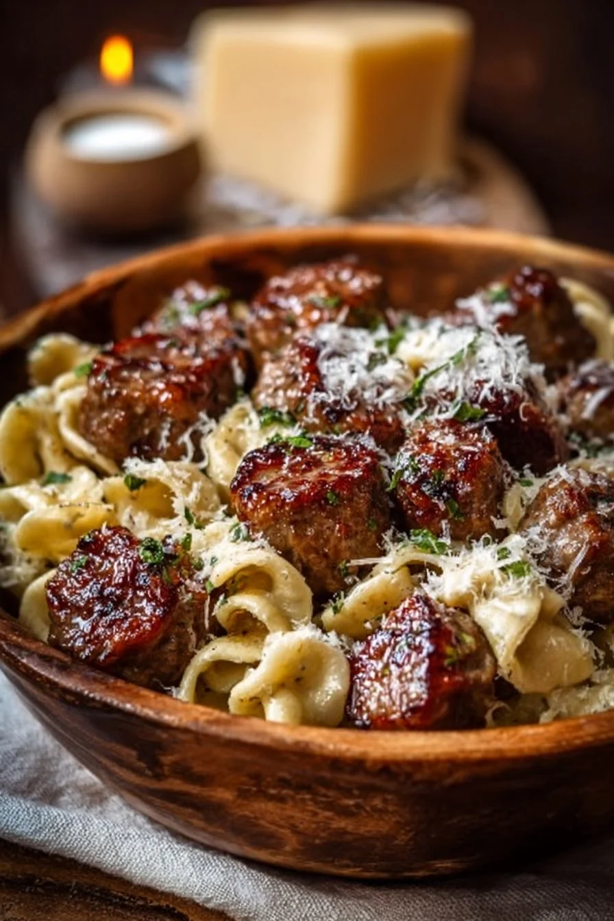Smoky garlic butter beef sausage bites served with creamy parmesan pasta dish