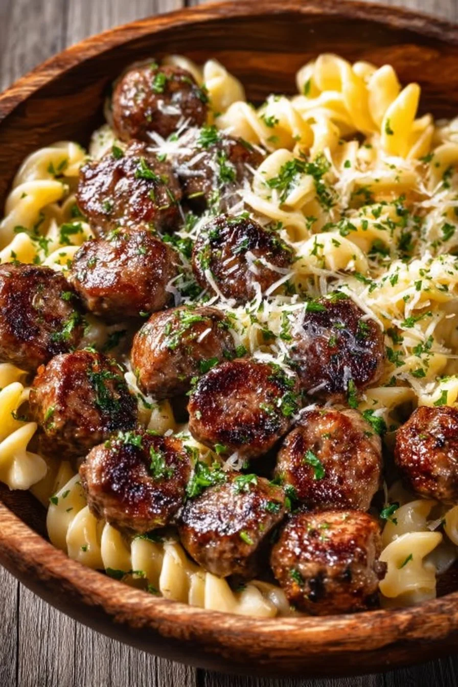 Smoky garlic butter beef sausage bites served with creamy parmesan pasta