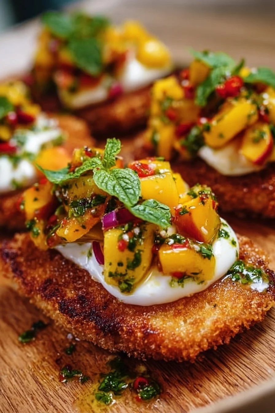 Spicy grilled peach and burrata crostini on a rustic wooden table