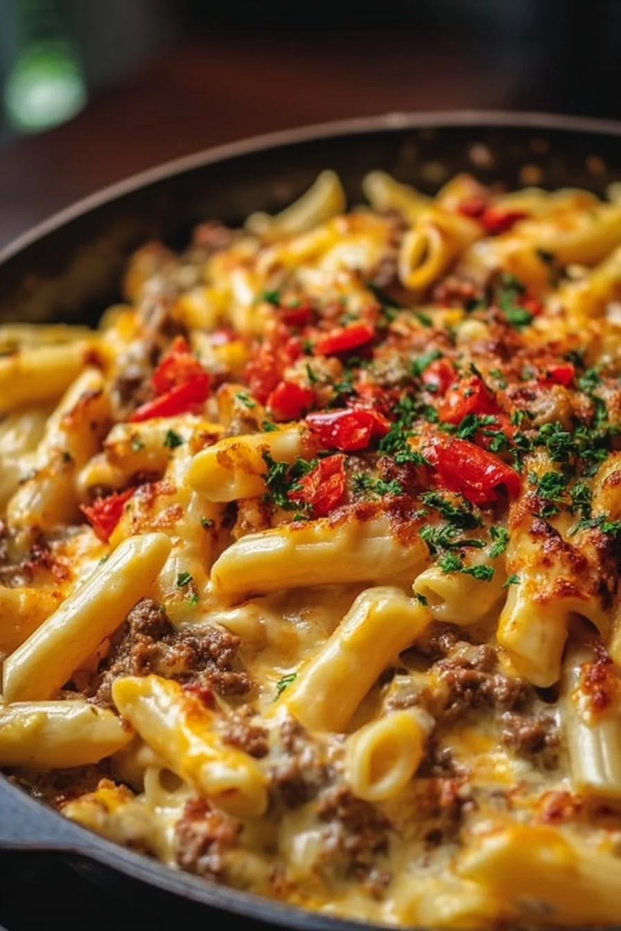 Spicy Loaded Cheeseburger Alfredo Pasta in a bowl garnished with herbs