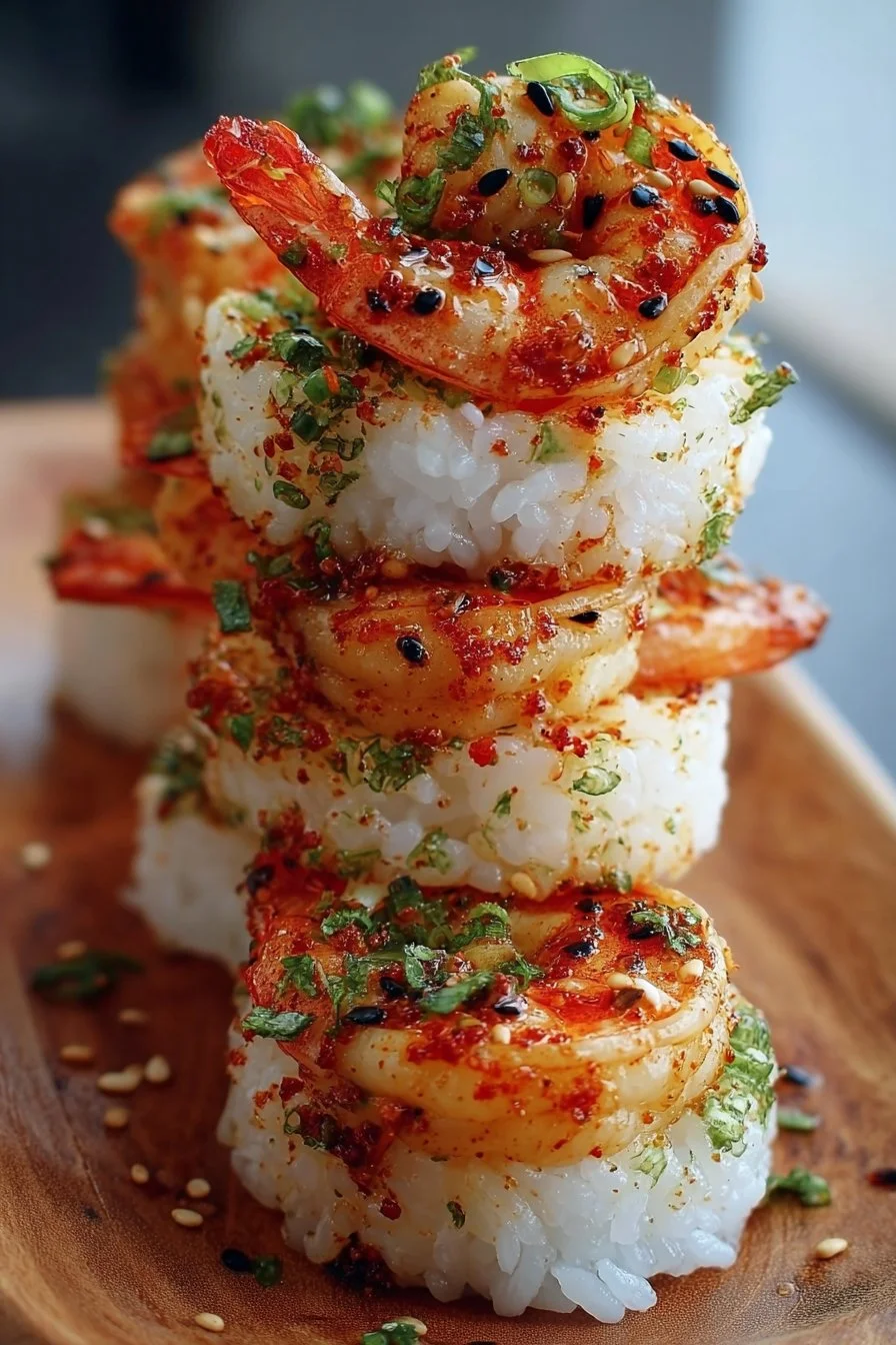 Spicy shrimp sushi stacks with colorful ingredients on a plate