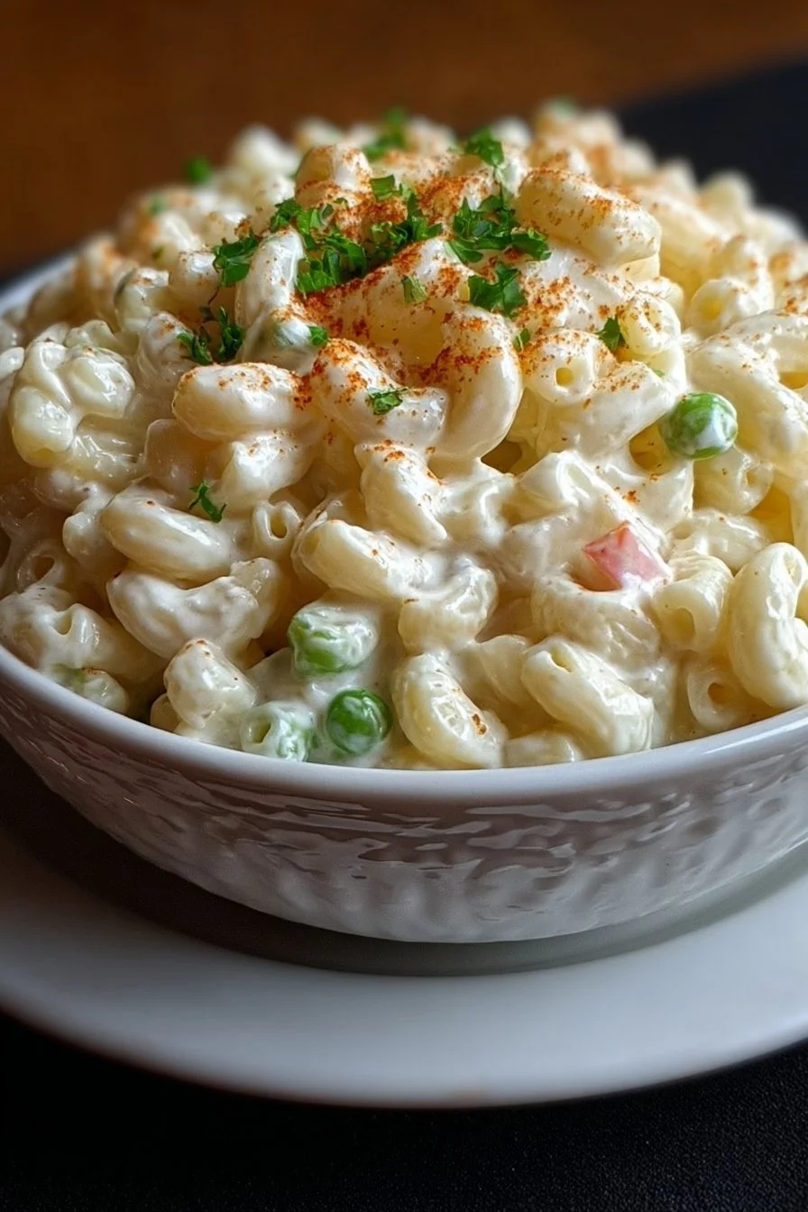Bowl of Sweet Amish Macaroni Salad with vibrant vegetables and creamy dressing