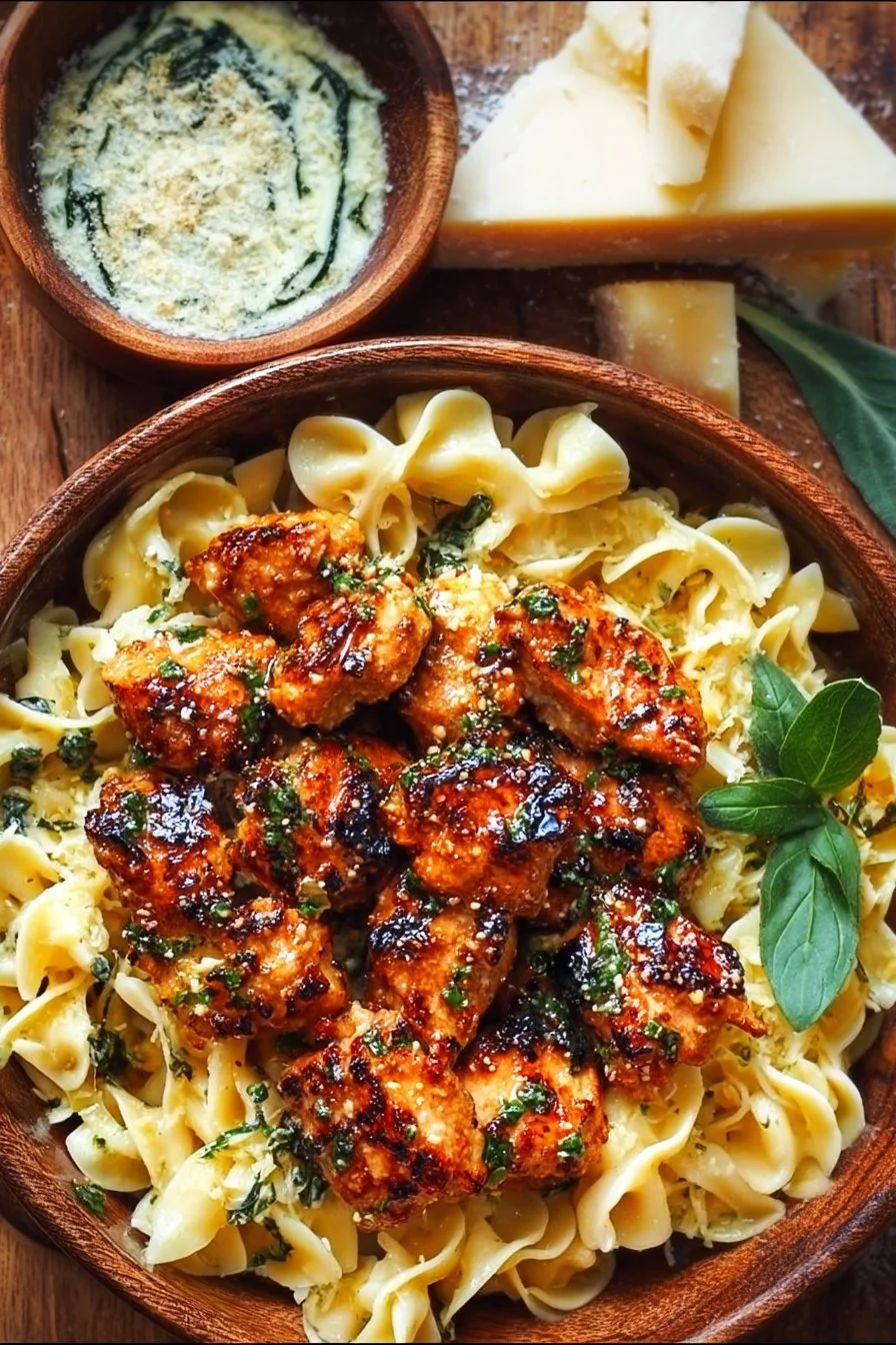 Tangy Garlic Butter Chicken Bites with Creamy Parmesan Pasta dish