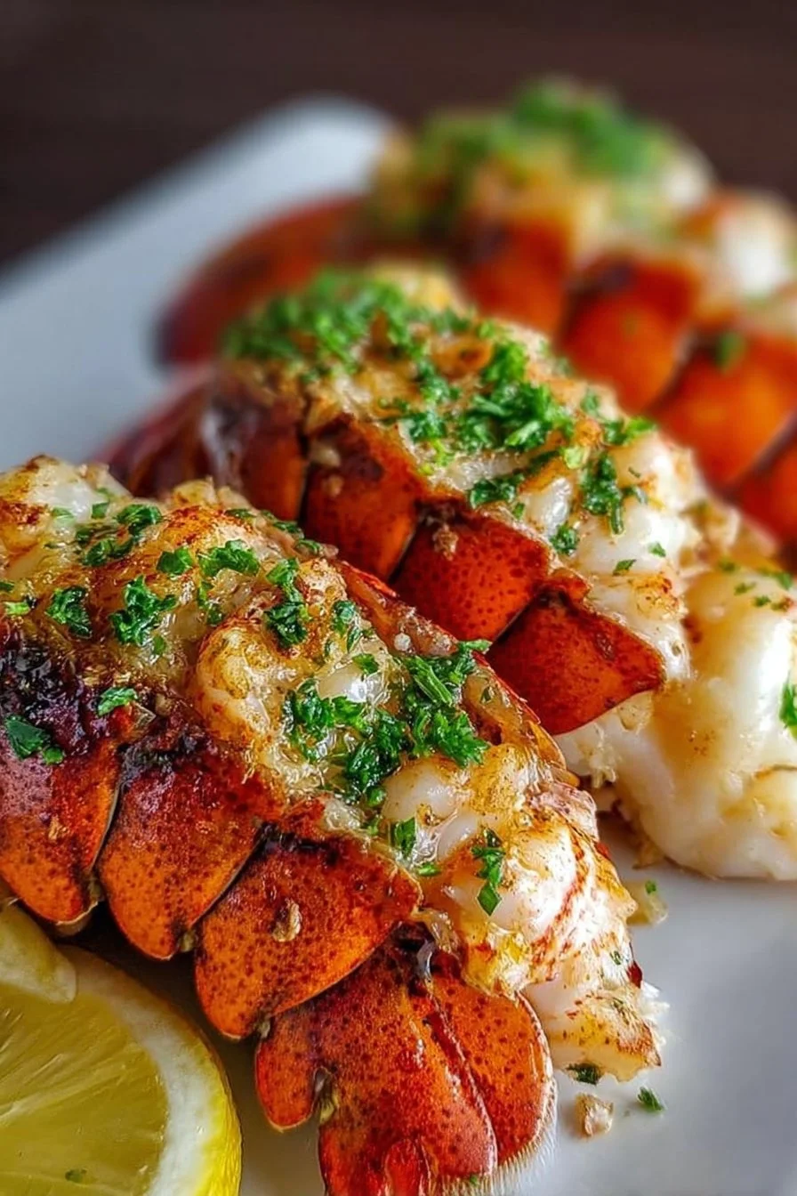 Air fryer lobster tails served with lemon and herbs