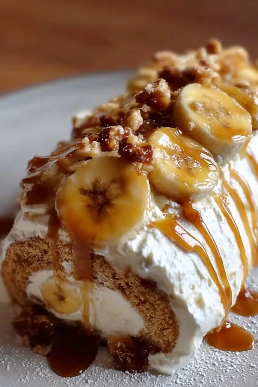 Delicious banana caramel roulade dessert with cream and caramel drizzle