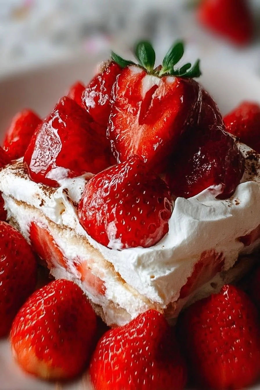 Delicious no-bake strawberry cheesecake lasagna layered with strawberries and cream