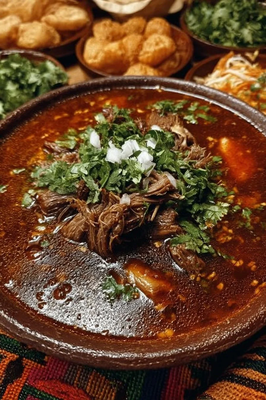 A bowl of traditional Mexican birria served with fresh cilantro and onion