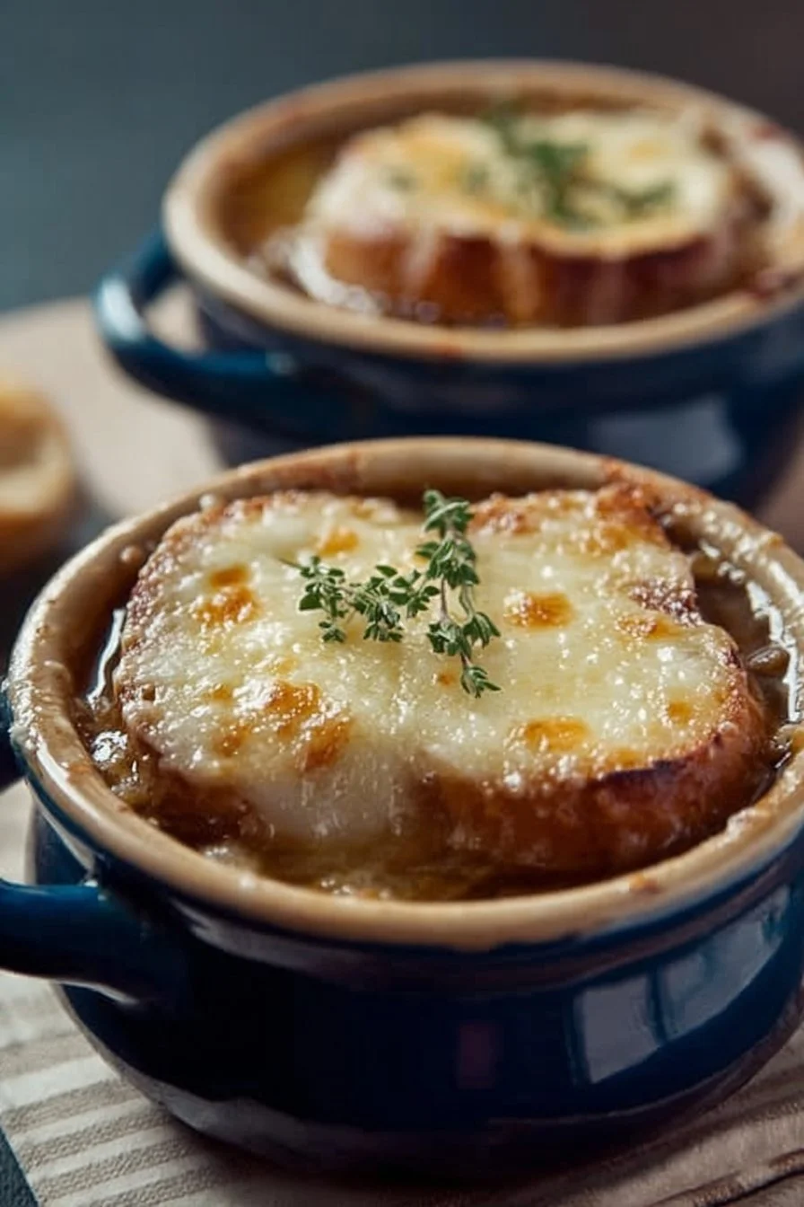 A bowl of warm and comforting French Onion Soup topped with melted cheese.