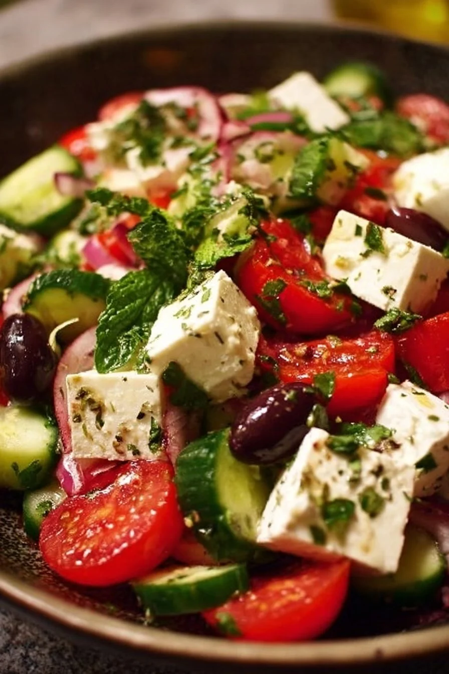 Delicious feta salad in a bowl, perfect for potluck parties