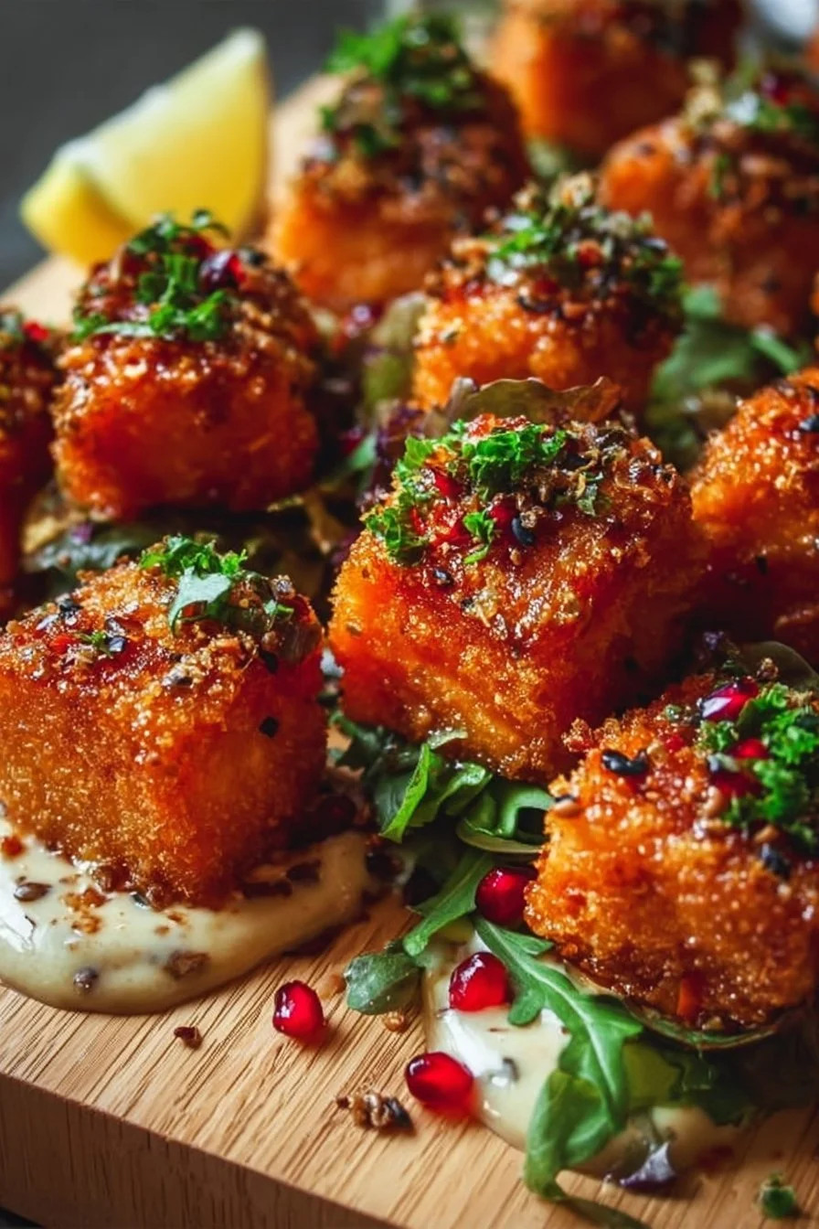 Crispy bang bang salmon bites served with zesty sauce on a plate