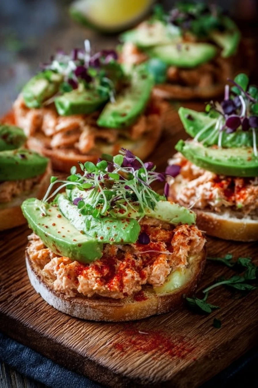 Zesty spicy tuna tostadas with avocado on a wooden platter