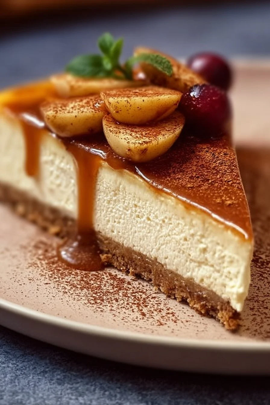 Delicious slice of apple cider cheesecake topped with caramel and cinnamon