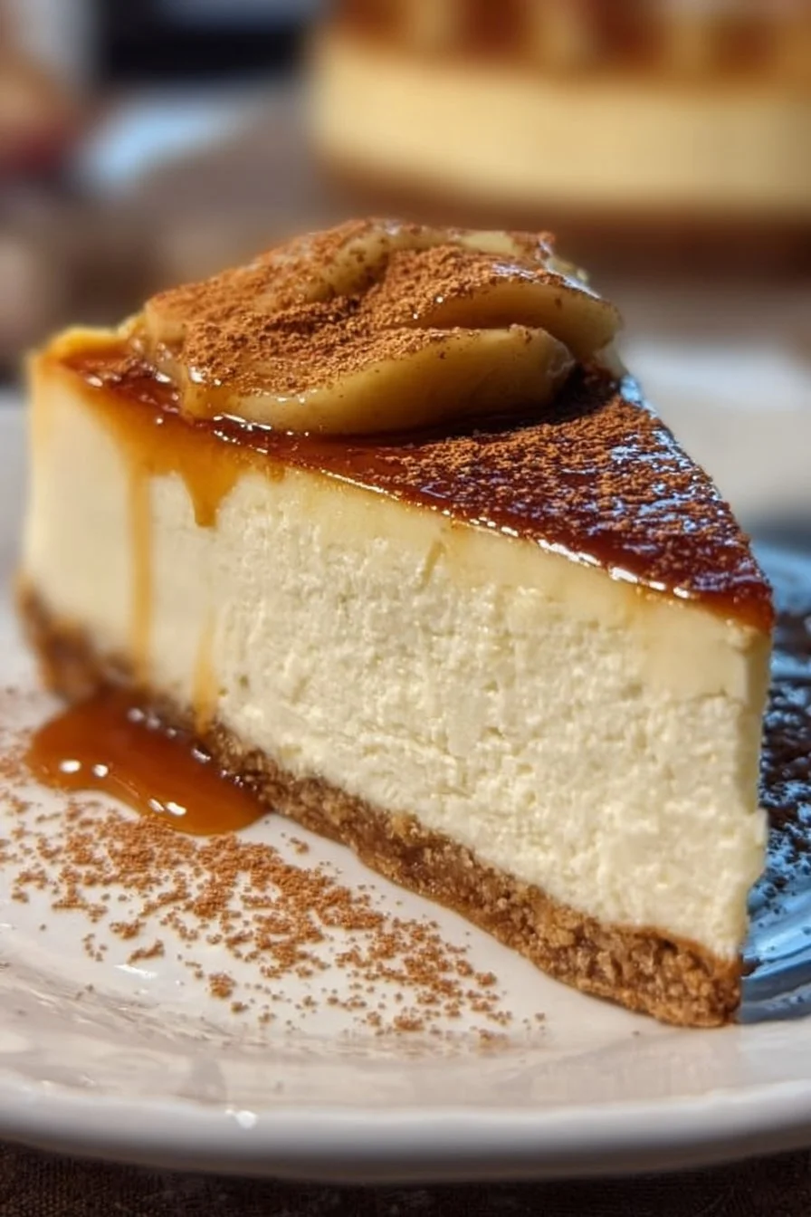 Slice of delicious Apple Cider Cheesecake topped with caramel and apple slices.