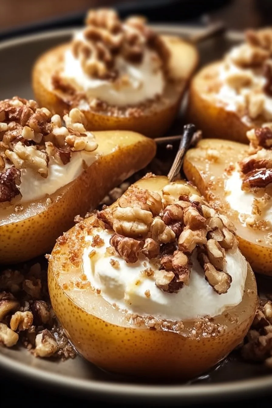 Baked pears with cream cheese and walnut topping on a wooden surface