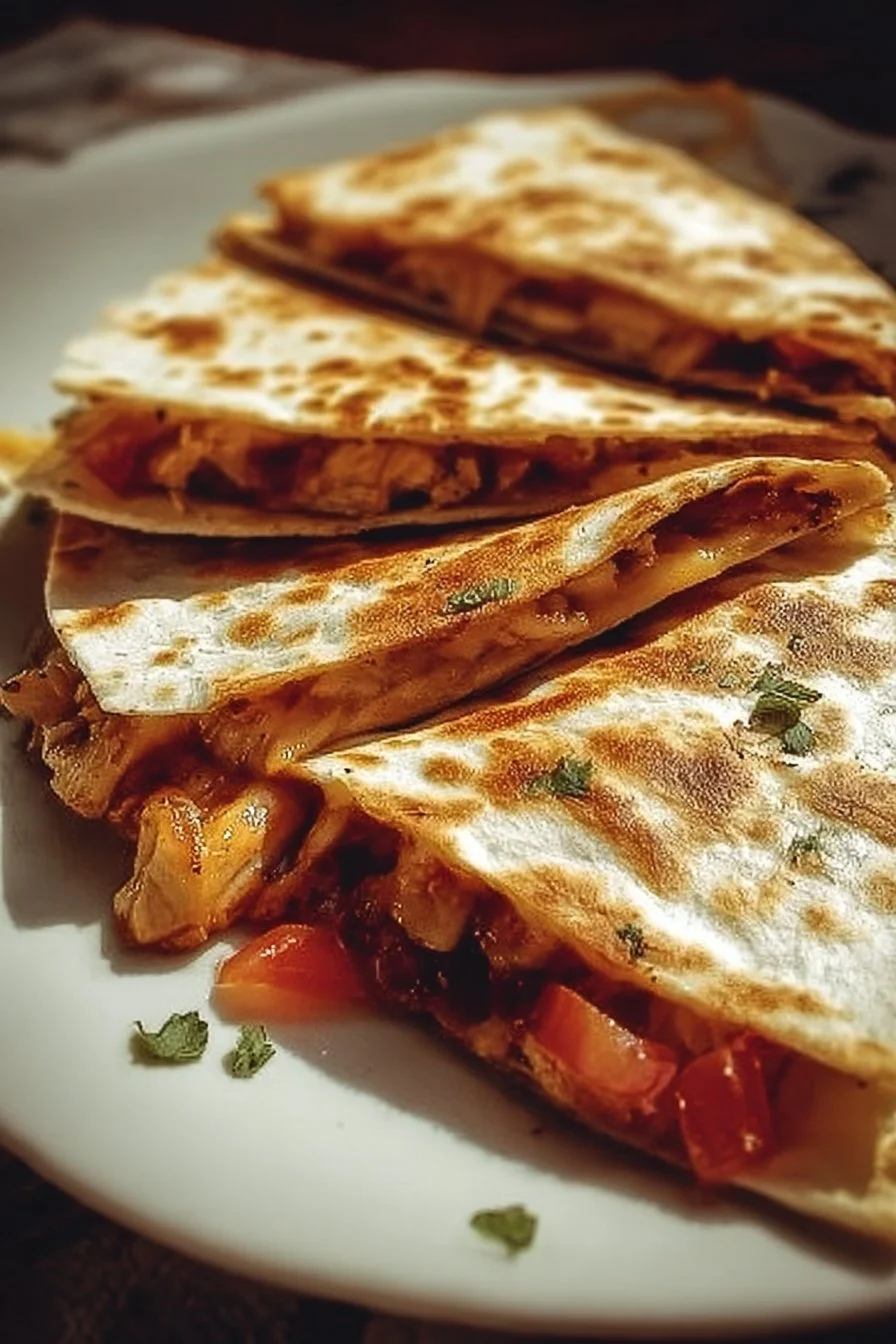 Delicious BBQ Chicken Quesadilla served with salsa and toppings