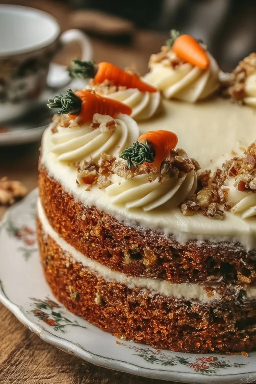 Delicious homemade carrot cake topped with cream cheese frosting