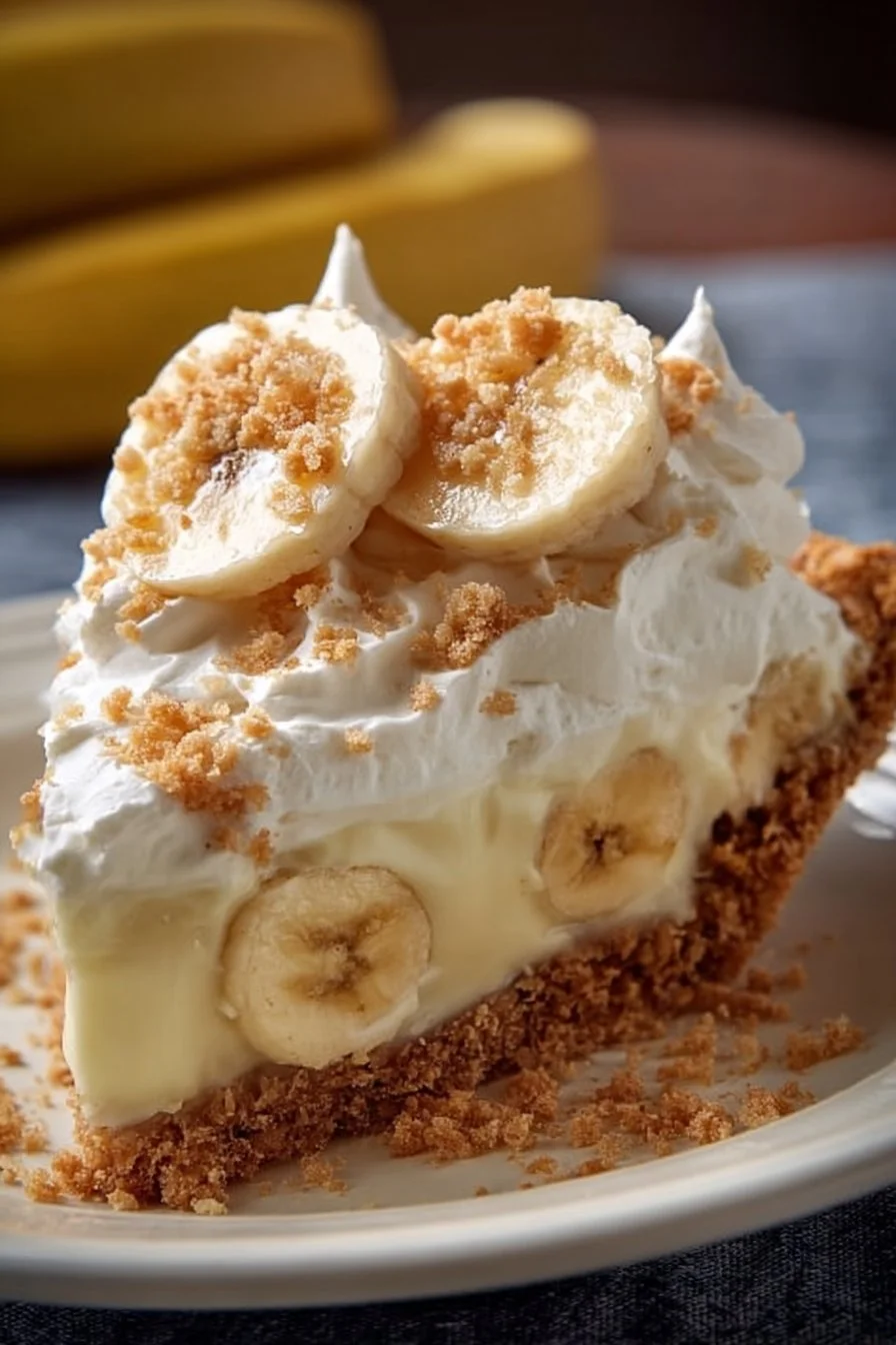 Delicious homemade banana cream pie with layers of banana and whipped cream
