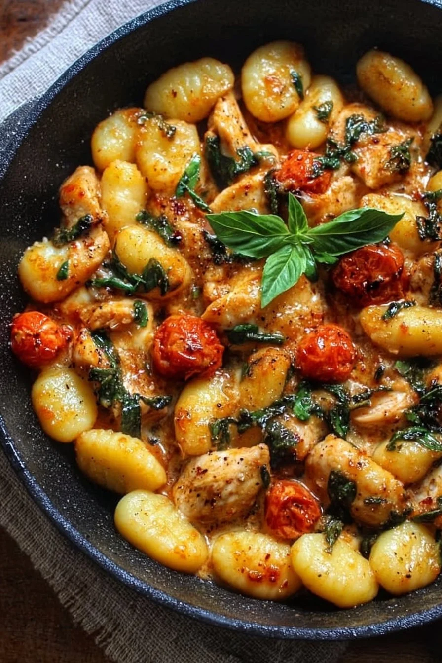 Delicious garlic chicken gnocchi skillet dish with herbs and seasoning