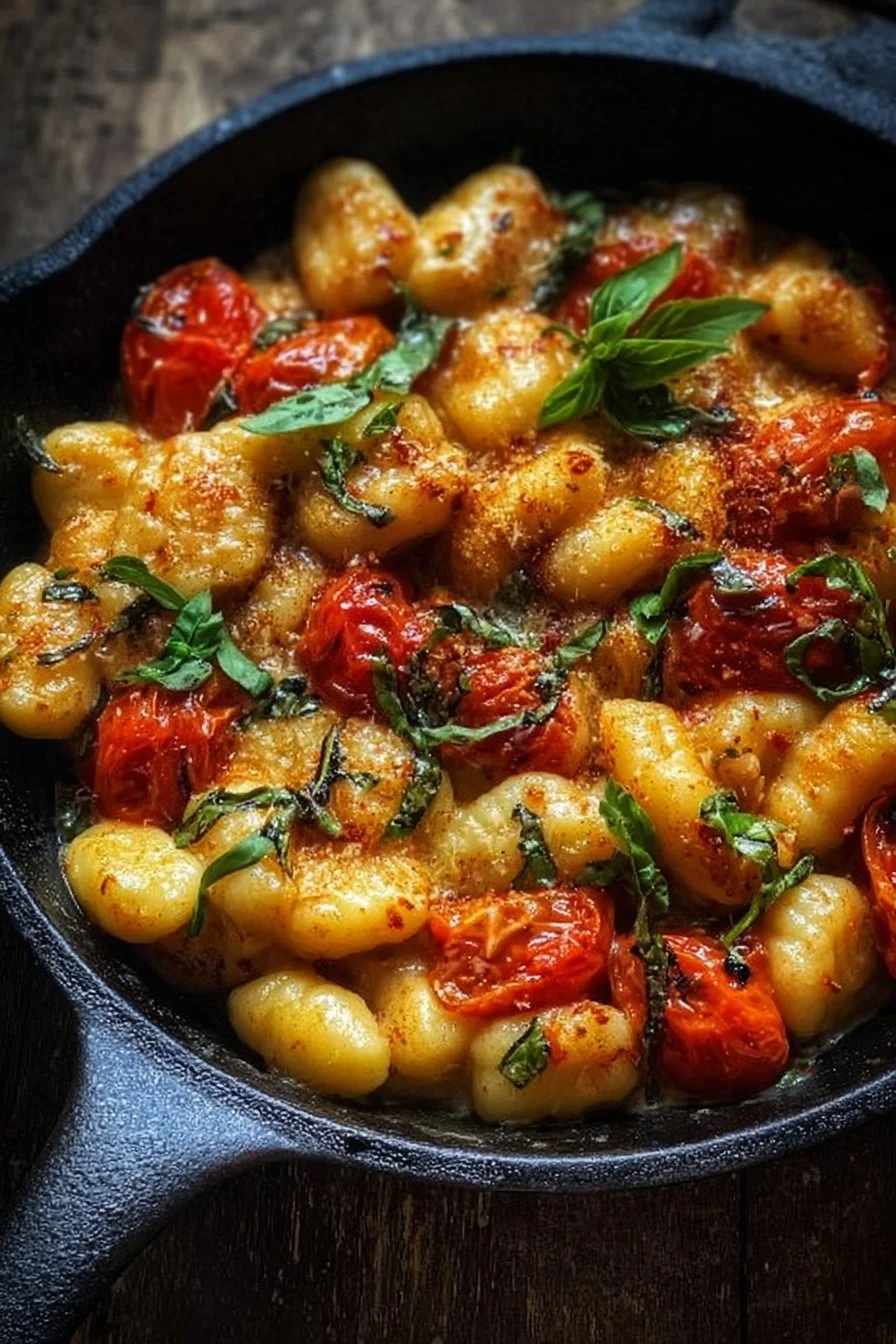 Delicious garlic chicken gnocchi skillet dish garnished with herbs