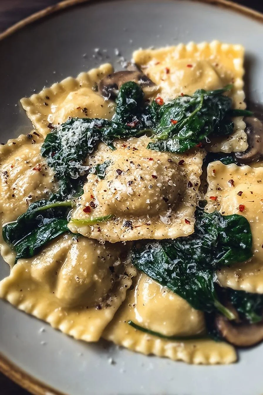 Delicious mushroom ravioli filled with spinach served on a plate