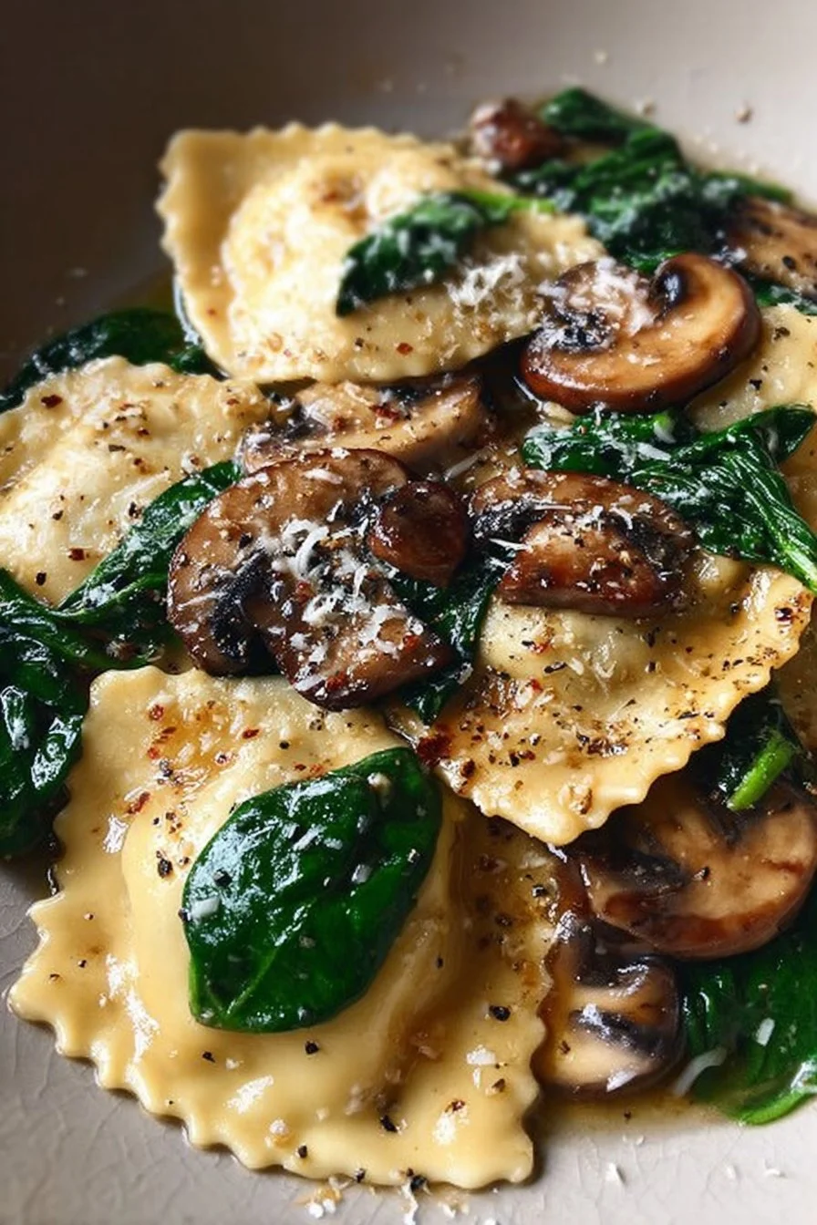 Delicious mushroom ravioli with spinach served on a plate