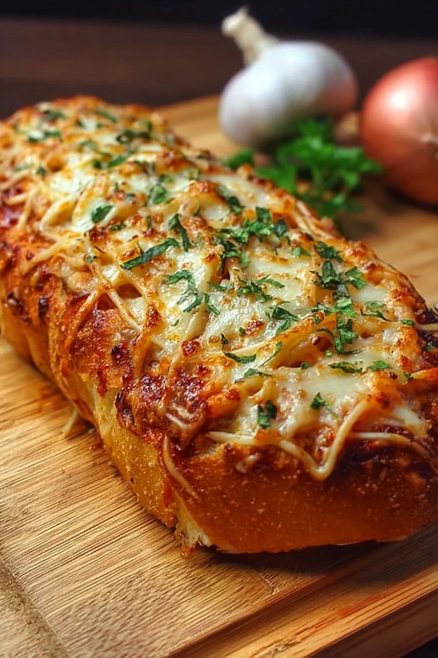 Delicious spaghetti stuffed bread sliced and ready to eat