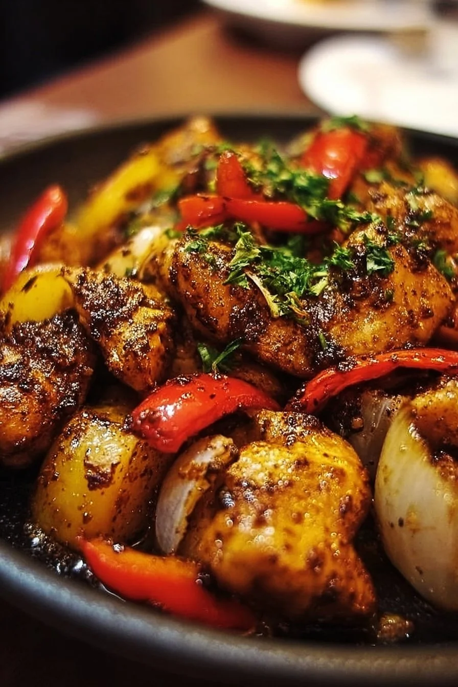 Delicious Black Pepper Chicken served with vegetables and rice