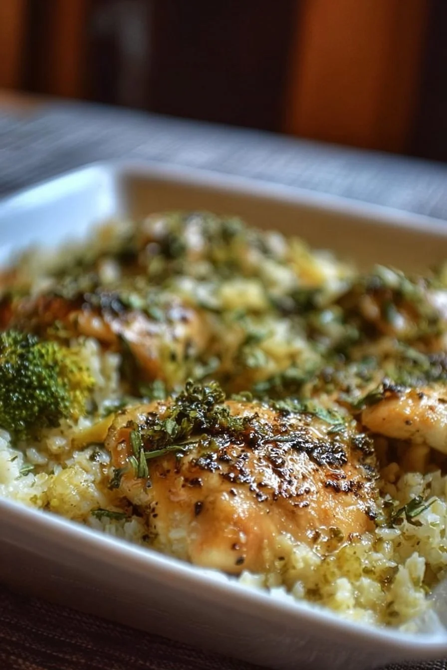 Broccoli Cauliflower Rice Chicken Casserole topped with cheese and herbs