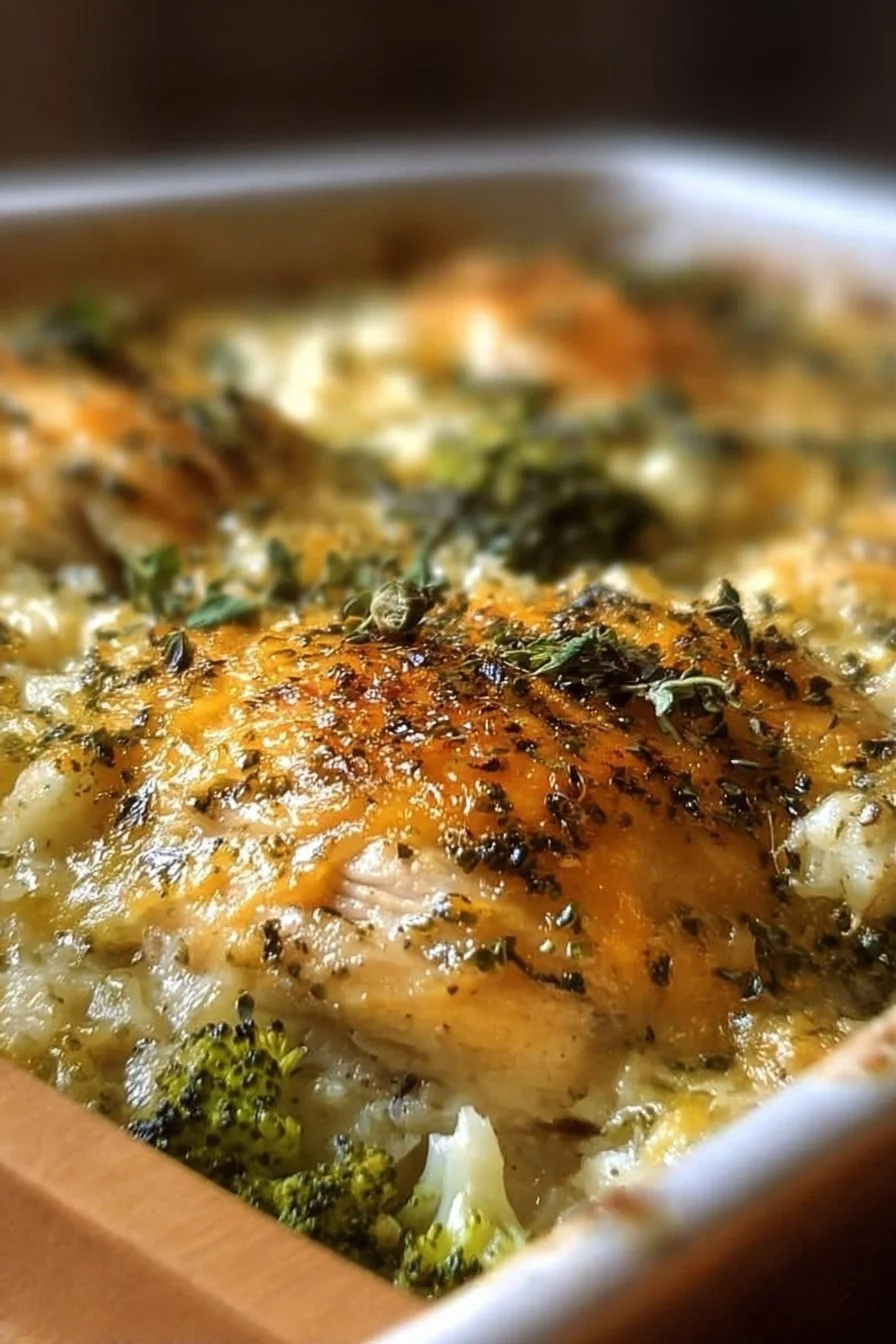 Delicious broccoli cauliflower rice chicken casserole in a baking dish