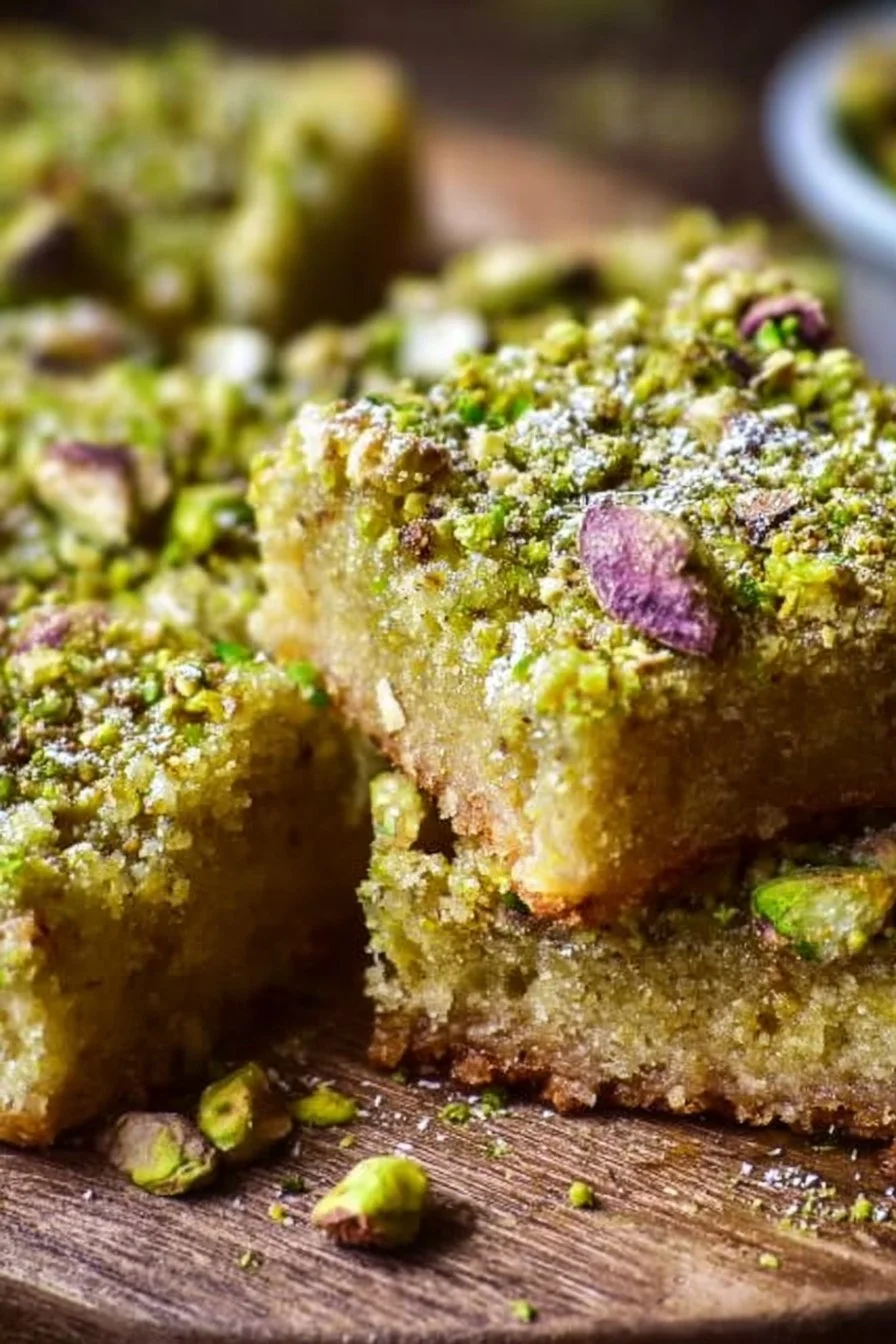 Buttery pistachio sugar cookie bars topped with crushed pistachios