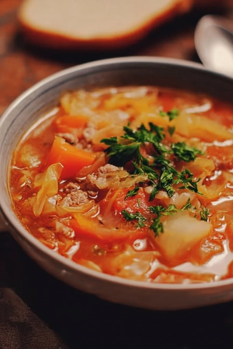 A bowl of hearty cabbage roll soup with fresh ingredients.