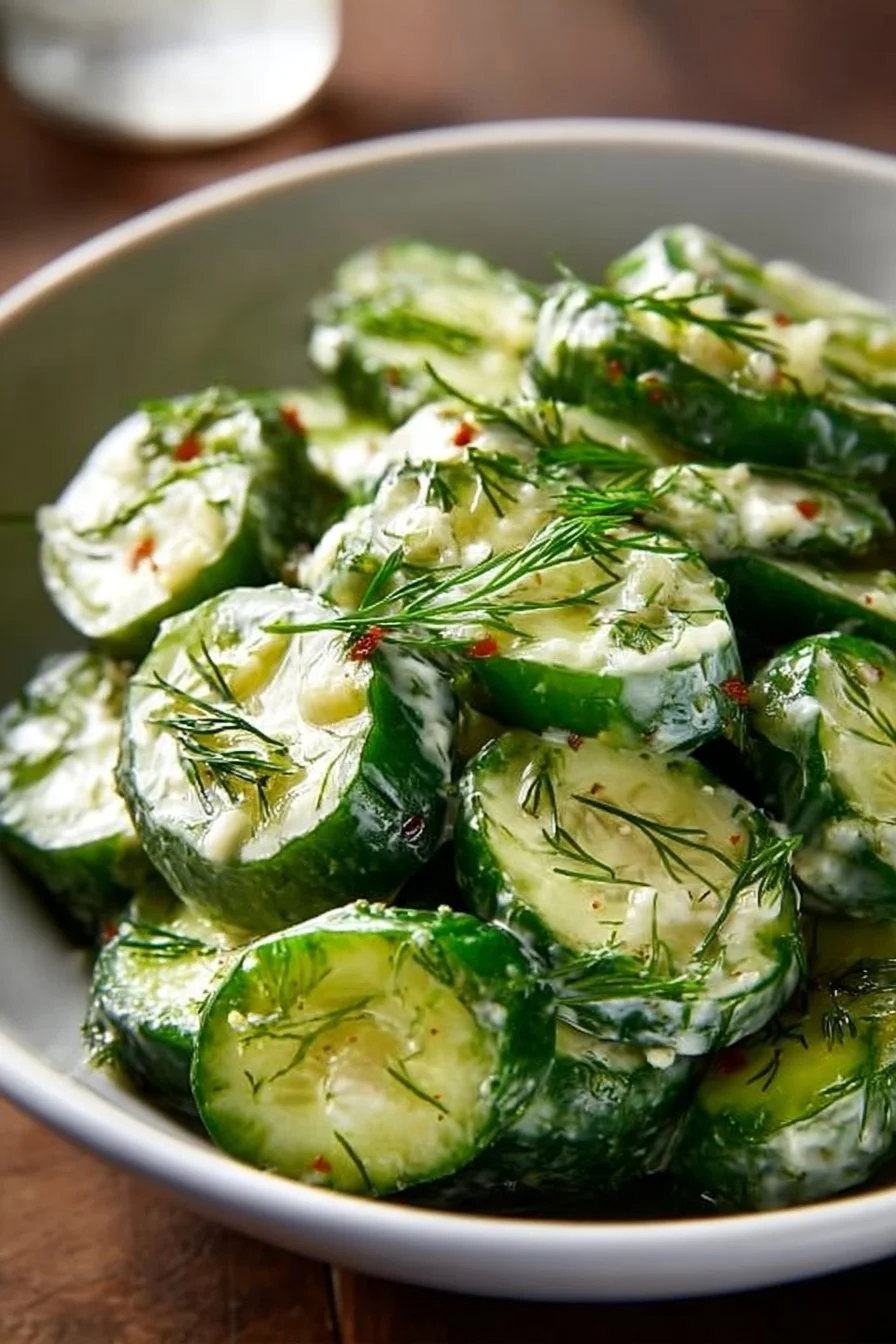 Cheesy garlic dill cucumbers served in a bowl, perfect for meal prep.