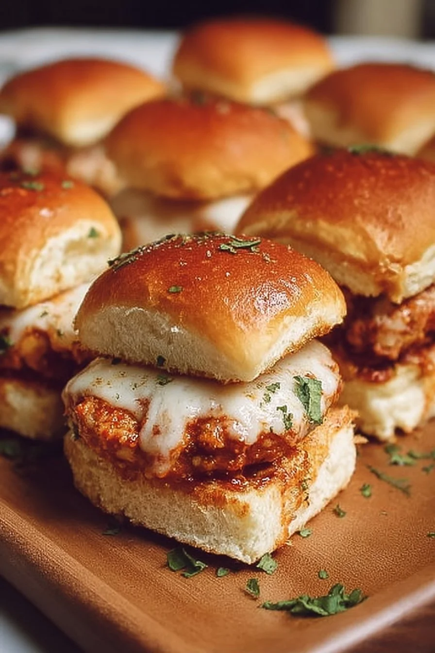 Delicious Chicken Parmesan Sliders served on a platter with marinara sauce.